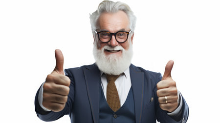 Generative AI Middle-aged male architect, expressing joy and satisfaction, thumbs up, against a plain white backgroundの素材