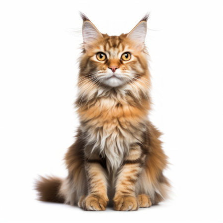 Realistic photo of a Maine Coon cat on a white background, large size, tufted ears, confident and friendly demeanor Generative AIの素材