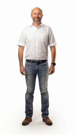 Generative AI Middle-aged male engineer with blueprints, smiling slightly, confident stance, full-height view on a white backdropの素材