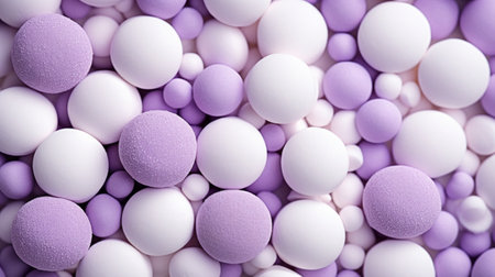 Marshmallows in deep violet, spherical-shaped, scattered on a white surface, vibrant lighting, whimsical and enchanting arrangement Generative AIの素材