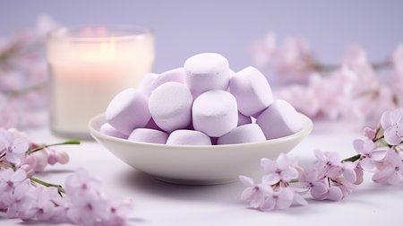 Marshmallows in soft lavender, miniature round-shaped, clustered on a white surface, ambient lighting, dainty and elegant arrangement Generative AIの素材