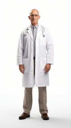 Generative AI Middle-aged male pharmacist in a lab coat, smiling slightly, holding medication, full-body view against a white backdropの素材