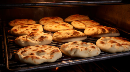 Generative AI Pita breads puffing up in the oven, displaying their characteristic pocket formationの素材
