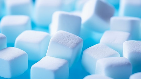 Marshmallows in vibrant blue, square-shaped, neatly aligned on a white surface, bright lighting, modern and crisp atmosphere Generative AIの素材
