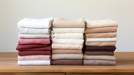 Generative AI Linen Kitchen Towels Set ::1 stack of absorbent towels, stacked neatly, displayed on white backgroundの素材