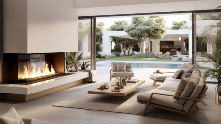 Realistic photo of an open-concept living room with a double-sided fireplace, connecting indoor and outdoor spaces, modern furnishings, bright and airy ambiance Generative AIの素材