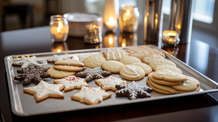 Generative AI New Year's Eve cookie preparation, tray of champagne-infused cookies bakingの素材