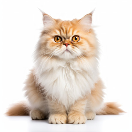 Realistic photo of a Persian cat on a white background, fluffy fur, gentle eyes, calm and regal presence Generative AIの素材