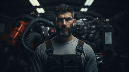 Generative AI Portrait of an auto mechanic holding a timing belt, explaining maintenance, expertise demonstrated in a workshopの素材