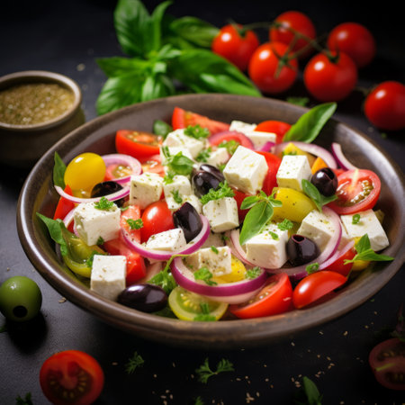 Stock image of a Mediterranean-style salad with olives, feta cheese, tomatoes, and olive oil, fresh and flavorful Generative AIの素材