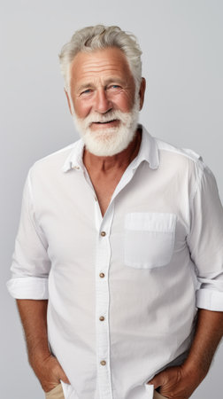 Stock image of a grandpa in a relaxed outfit on a white backdrop Generative AIの素材