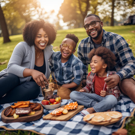 Stock image of a family having a picnic in their backyard, relaxing and bonding Generative AIの素材