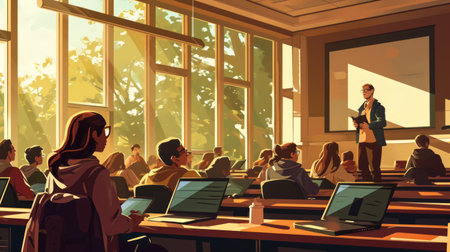 Generative AI University lecture hall, students and laptops, professor teaching, academic ambiance, detailed sceneの素材