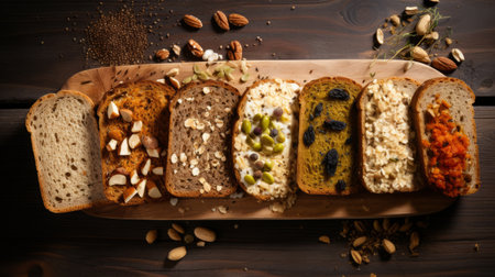 Generative AI Seeded multigrain bread slices, highlighting the variety of grains and seeds within each sliceの素材