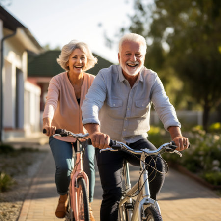 Stock image of a senior couple taking a leisurely bike ride together, active and enjoying the outdoors Generative AIの素材