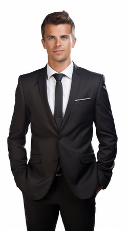 Stock image of a young man wearing a formal suit on a white background Generative AIの素材
