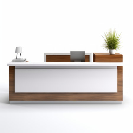 Stock image of a modern reception desk on a white background, sleek, welcoming front des Generative AIの素材
