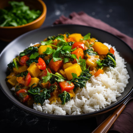 Stock image of a bowl of vegetable curry with rice, colorful and flavorful meal option Generative AIの素材