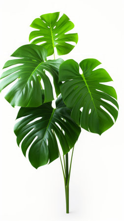 Stock image of a lush Monstera Deliciosa on a white background, large leaves, and vibrant green color Generative AIの素材