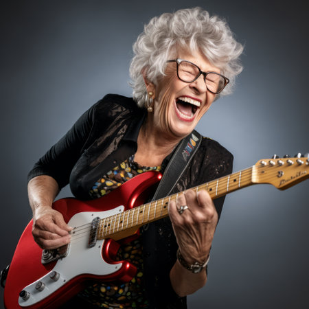 Stock image of a senior woman playing a musical instrument, expressing musical talent and passion Generative AIの素材