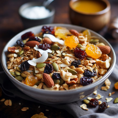 Stock image of a bowl of homemade granola with nuts, seeds, and dried fruits, a nutritious breakfas Generative AIの素材