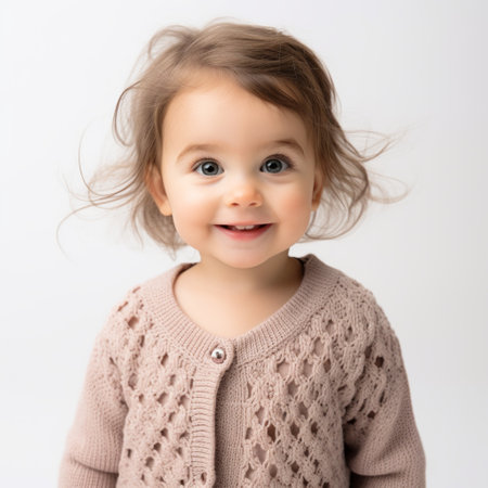 Stock image of a baby girl in a knitted cardigan on a white backdrop Generative AIの素材