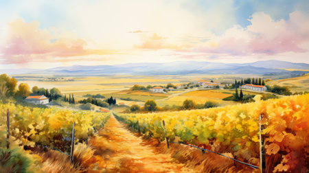 Generative AI Sun-drenched vineyards during harvest. aquarelleの素材