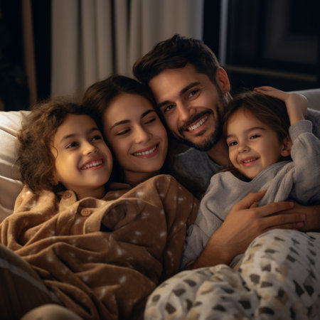 Stock image of a family cuddling on the couch, watching movies together in pajamas Generative AIの素材