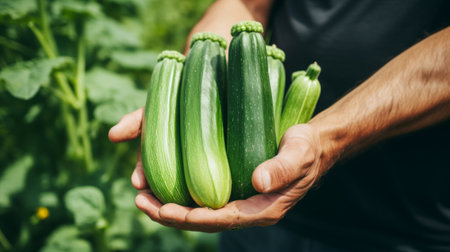 close-up of male hands holding zucchini harvesting in the garden Generative AIの素材