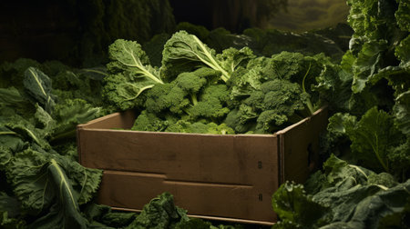 A box brimming with freshly harvested green kale, close-up realistic photo Generative AIの素材