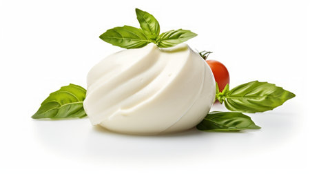 A mild mozzarella cheese captured in a close-up realistic photo against a white background Generative AIの素材