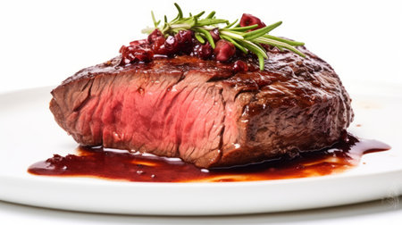 A juicy venison steak showcased in a close-up realistic photo against a white background Generative AIの素材