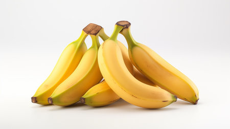 Close-up realistic photo showcasing three golden-hued bananas on a white background Generative AIの素材