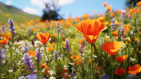 Generative AI A panoramic view of a field filled with California poppies and lupines, a sight of colorful spring wildflowers.の素材