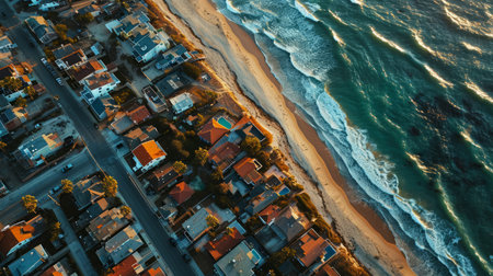Generative AI Aerial view of a coastal cottage village, beachfront homes, sandy shore, blue waters, vibrant rooftops, detailed and scenic depictionの素材