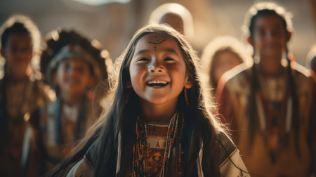 Generative AI A group of Native American children learning traditional dances and songs from their elders in a cultural center.の素材