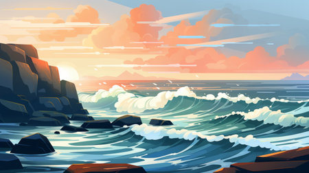 Generative AI A dramatic seascape with crashing waves and rocky cliffs.の素材