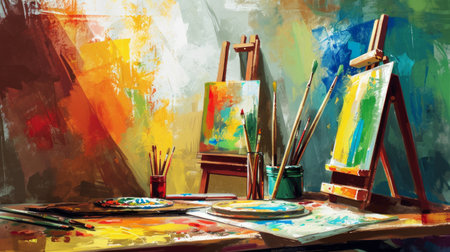 Generative AI Art class, easels and paintbrushes, colorful creationsの素材