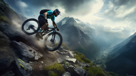 Generative AI A high-energy visualization showcasing a mountain biker descending a steep, rocky terrain, surrounded by breathtaking panoramic mountain viewsの素材