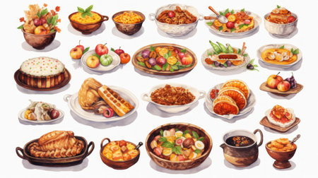 Generative AI Digital miniatures capturing various Thanksgiving dishes in detailed watercolor textures, showcased in a feminine sticker art format with white and bronze accents.の素材