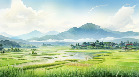 Generative AI A tranquil rice paddy field with mountains in the distance. landscape watercolorの素材