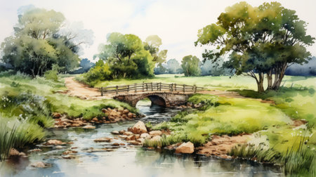 Generative AI A picturesque countryside scene with a bridge small over a stream. landscape watercolorの素材