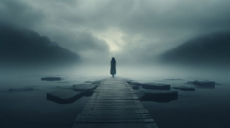 Generative AI A person standing alone on a mist-shrouded dock. Moody and mysterious atmosphere, solitary figure amidst fogの素材
