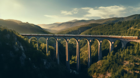 Generative AI A panoramic view of a train traveling across viaducts and bridges, offering stunning vistas of mountain valleys.の素材