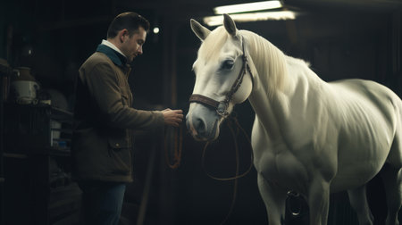 Generative AI Close-up photograph of a veterinarian holding a stethoscope to a horse, kind and professional demeanor, stable settingの素材