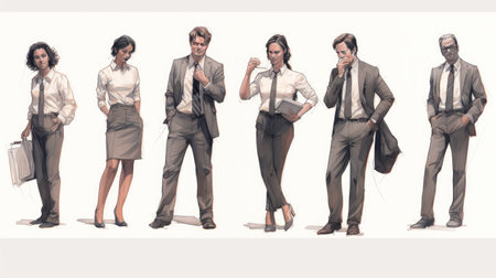 Generative AI A set of detailed character sketches presenting a series of businesspersons, both male and female, against a pure white background.の素材