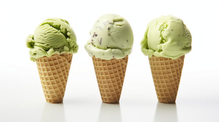 A trio of pistachio ice cream scoops captured in a close-up realistic photo against a white background Generative AIの素材