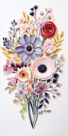 Generative AI An artistically arranged bouquet featuring a variety of blooms in rich hues, set against a pristine white surface, perfect for adding personalized text or logosの素材