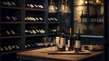 Generative AI Classy wine cellar with a collection of fine wines on display.の素材