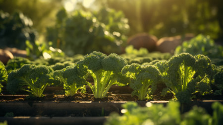 Generative AI An array of microgreens, including kale, broccoli, and mustard, thriving in a community garden.の素材